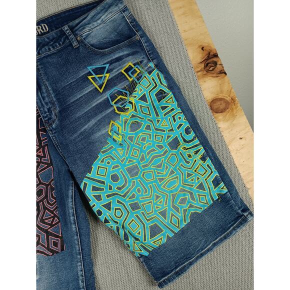 Rutherford Engineered Slim Fit Denim Jorts Men 41 Blue Distressed Tribal Pattern - Picture 4 of 14